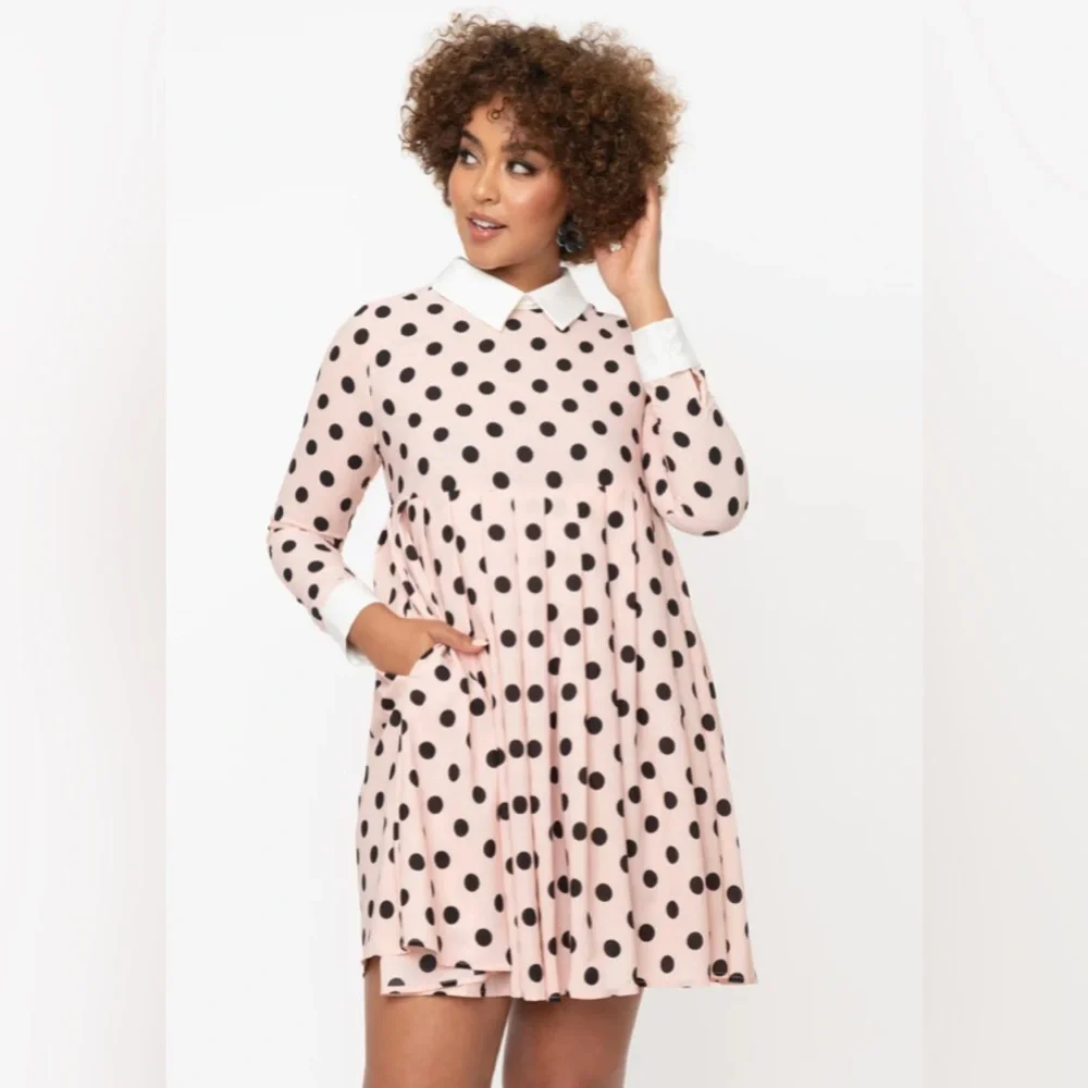 Unique Vintage NWT Black &Pink Polka Dot Peggy Babydoll Dress - Picture 4 of 8
